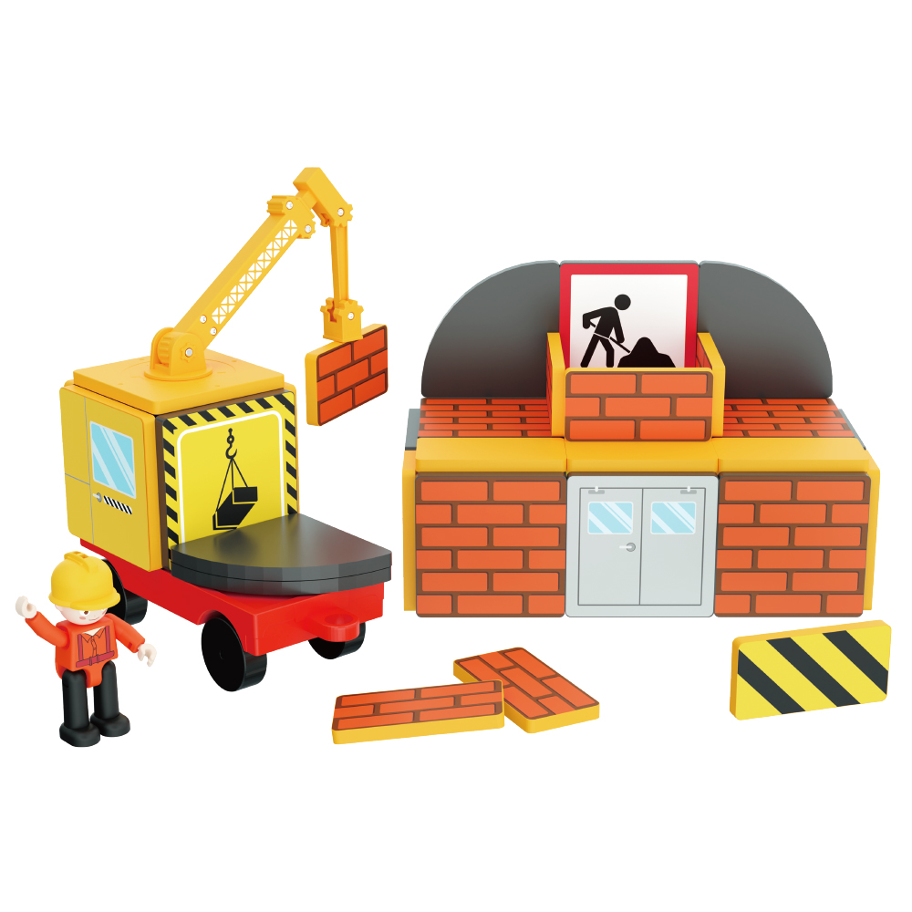 Magnetic Builder Construction Set - 36PCS STEM Engineering Toy with Crane, Bricks, Roads & Worker Figures