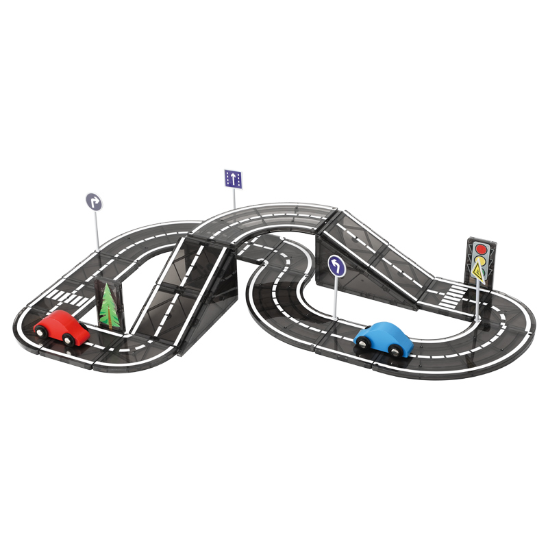 Magnetic Building Tiles Set with Road Track - STEM Construction Toy for Kids, Includes Cars & Traffic Signs