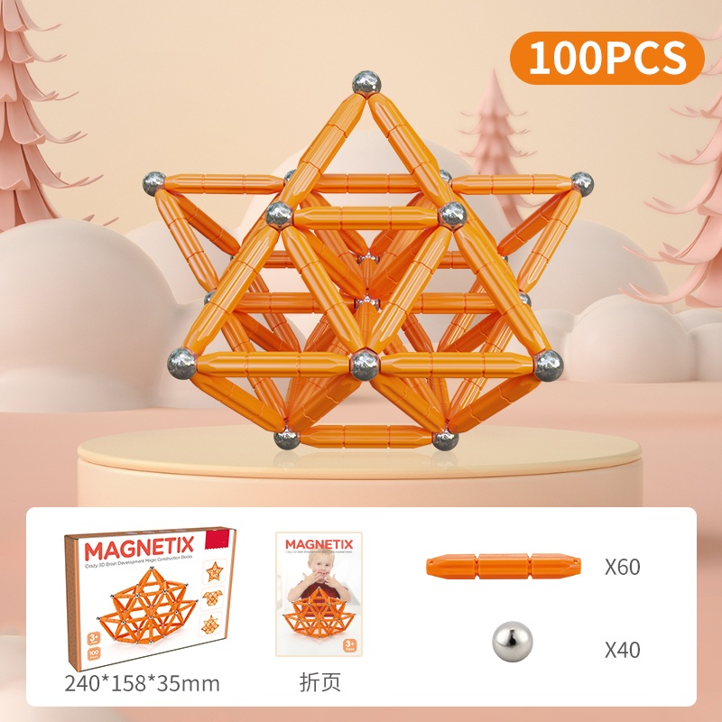 100PCS Magnetix Magnetic Building Blocks Set - Creative 3D STEM Educational Construction Toy for Kids, Orange & Silver
