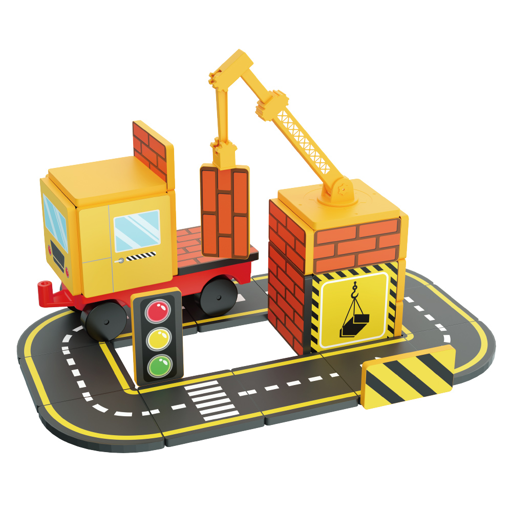 Magnetic Builder Construction Set - 36PCS STEM Engineering Toy with Crane, Bricks, Roads & Worker Figures
