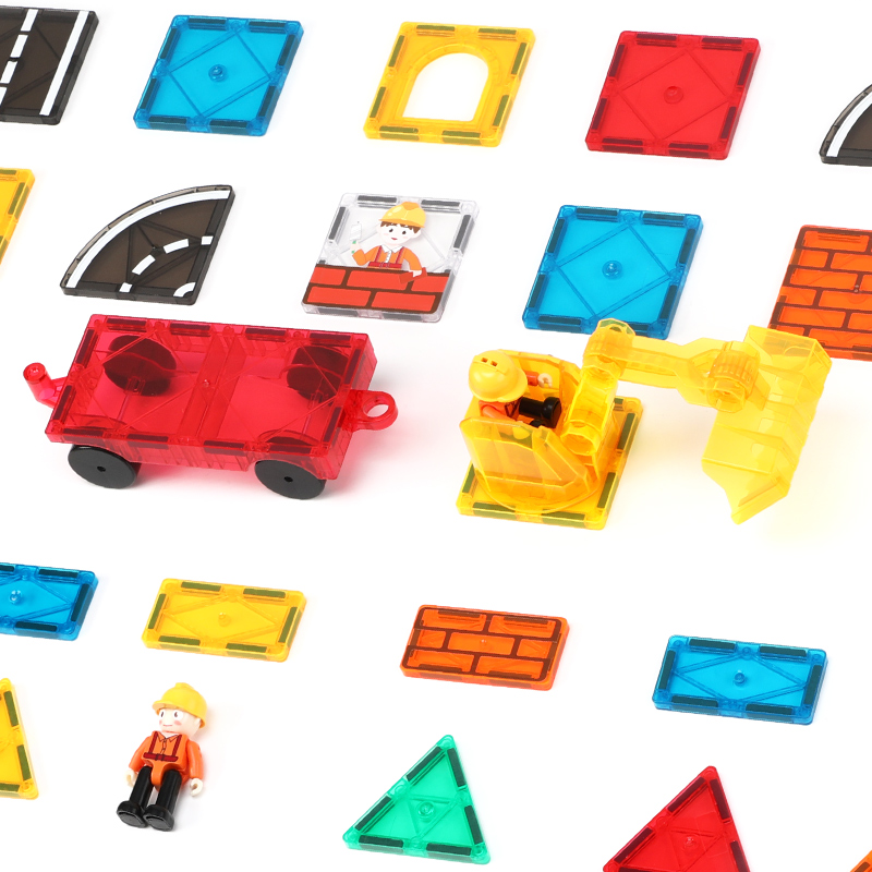 Magnetic Builder 42PCS Set - Construction Themed STEM Toy with Magnetic Tiles, Vehicles & Worker Figures for Kids
