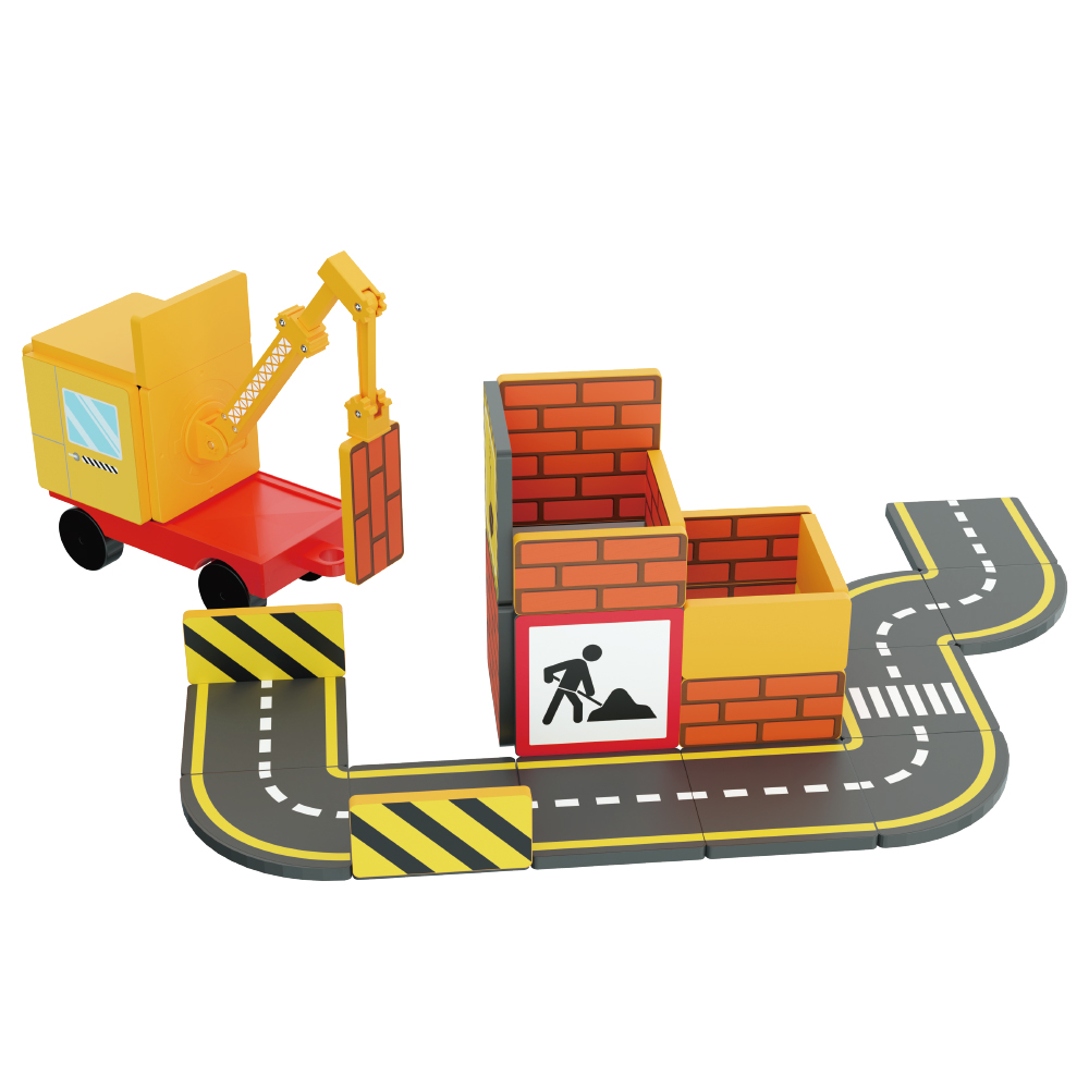 Magnetic Builder Construction Set - 36PCS STEM Engineering Toy with Crane, Bricks, Roads & Worker Figures