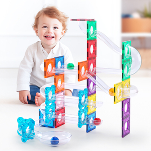 Magnetic Marble Run 60PCS Set - 3D Magnetic Track Building Blocks with Clear Tubes & Ramps for STEM Learning