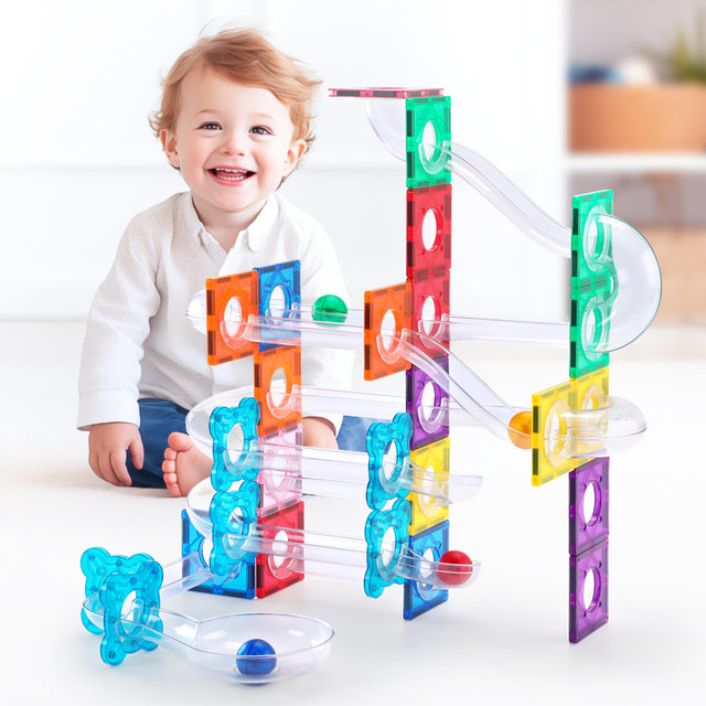 Magnetic Marble Run 60PCS Set - 3D Magnetic Track Building Blocks with Clear Tubes & Ramps for STEM Learning