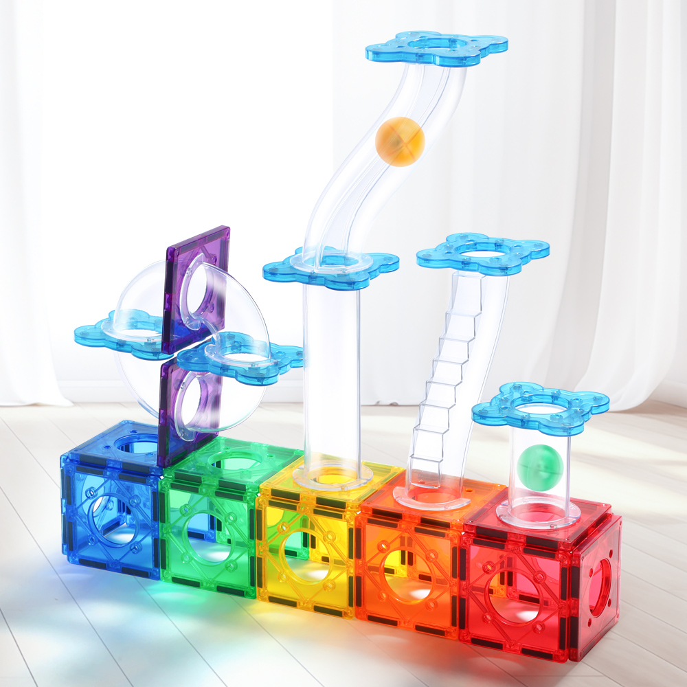 Magnetic Marble Run 60PCS Set - 3D Magnetic Track Building Blocks with Clear Tubes & Ramps for STEM Learning