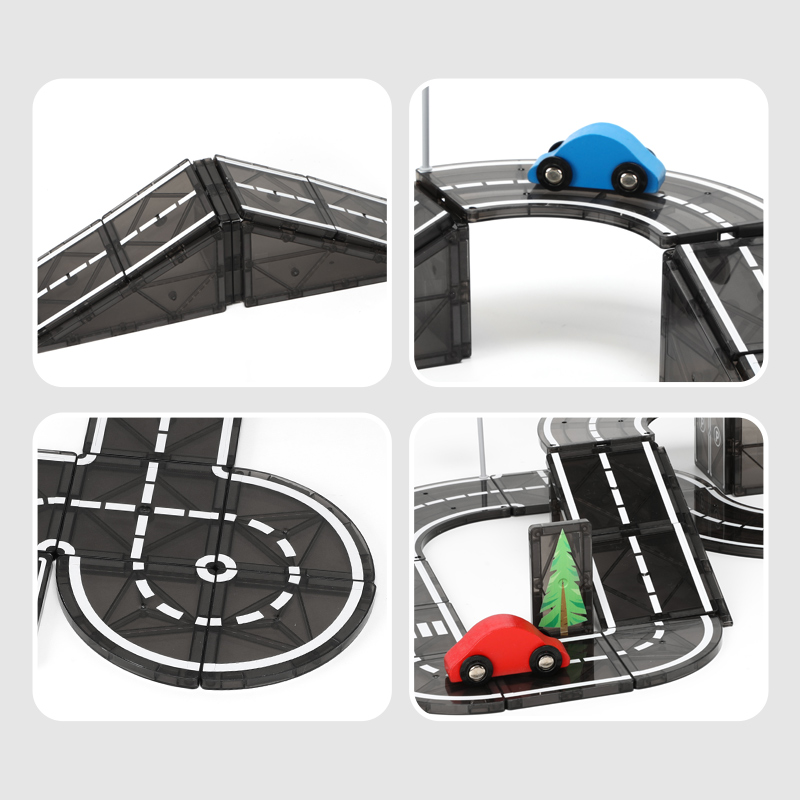 Magnetic Building Tiles Set with Road Track - STEM Construction Toy for Kids, Includes Cars & Traffic Signs