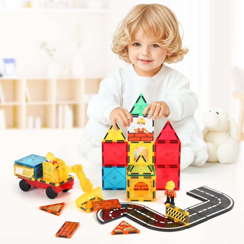 Magnetic Builder 42PCS Set - Construction Themed STEM Toy with Magnetic Tiles, Vehicles & Worker Figures for Kids