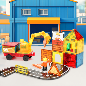 Magnetic Builder 42PCS Set - Construction Themed STEM Toy with Magnetic Tiles, Vehicles & Worker Figures for Kids